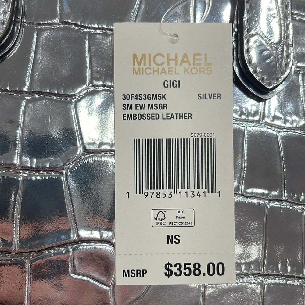 Michael Kors Gigi Small Metallic Crocodile Embossed Leather Messenger Bag Silver